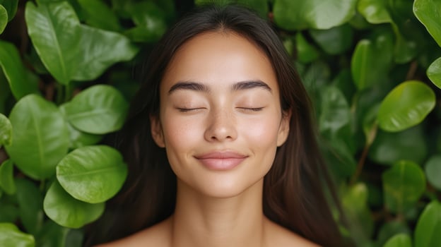 A woman with her eyes closed and her face covered in green leaves photo