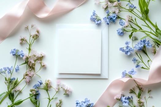 Wedding invitation mockup with pink and blue flowers and ribbons on white background photo