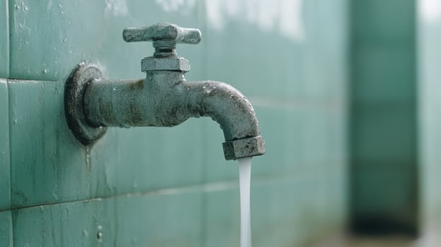 A water faucet is shown with a green wall behind it photo