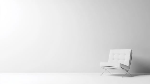 Modern white designer chair against a clean white wall and floor photo