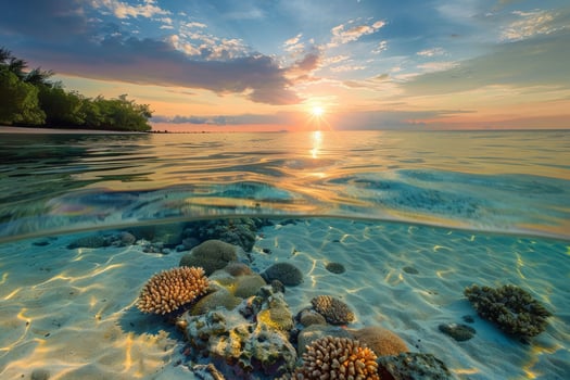 Breathtaking Underwater Sunset View with Coral Reefs, A serene beach sunset with colorful coral reefs beneath the clear waters photo
