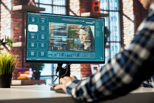 Man sitting at PC using software processing text input, generating frames and saving output as files. Person uses website for GPT text analysis, transforming text into photo