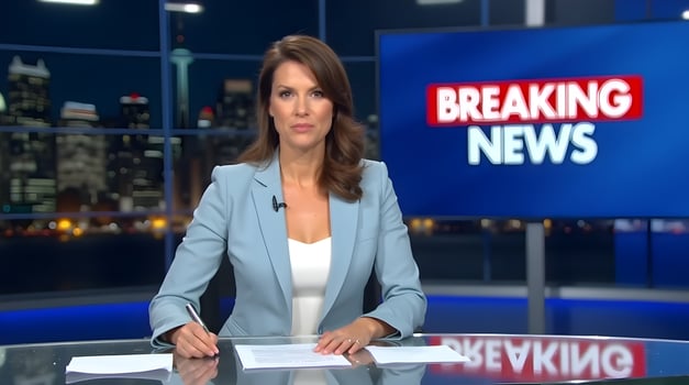 Breaking news reporter on tv news set photo