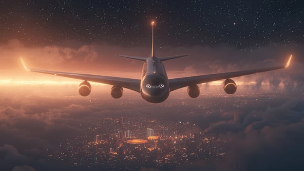 Wide vibrant passenger jet flying over new york city during a and sunset, showcasing the urban landscape body air travel photo