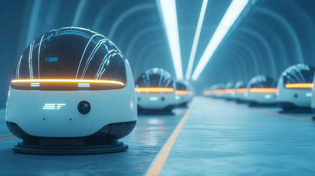 Delivery representing navigating sleek underground tunnel, powered by blue robots lighting, cutting edge automated logistics technology photo