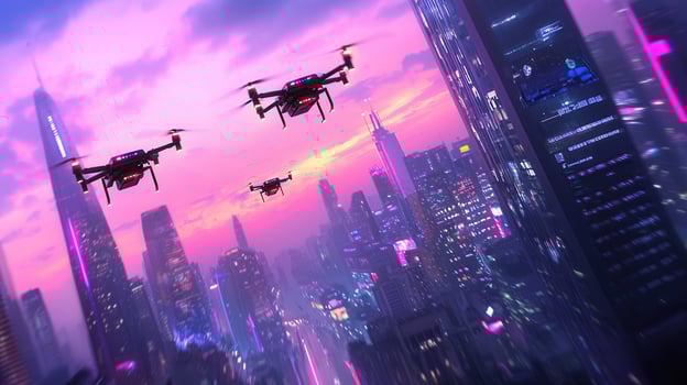 Modern representing drones flying over a futuristic city, delivery autonomous aerial transportation and advanced logistics photo