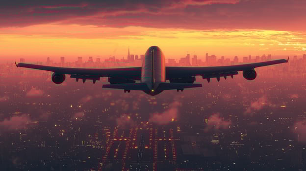 Wide body passenger jet flying showcasing new york city during a over sunset, vibrant the urban landscape and air travel photo