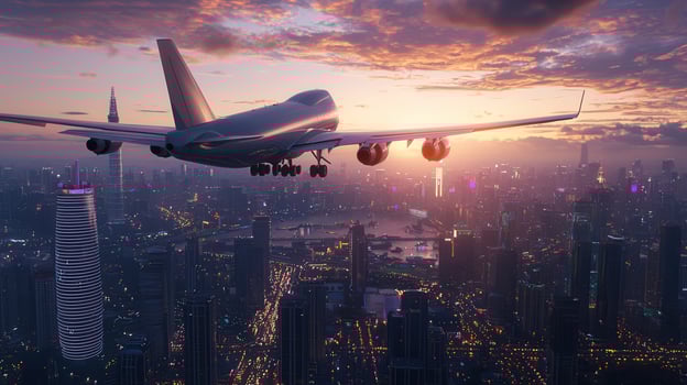 Wide body passenger jet flying over new york city during a travel sunset, showcasing the urban landscape and air vibrant photo