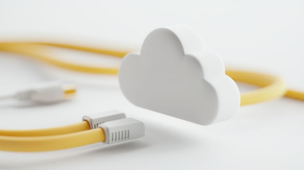 Fiber optic cables transferring a to data cloud computing icon above a laptop keyboard, symbolizing data transfer and cloud storage photo