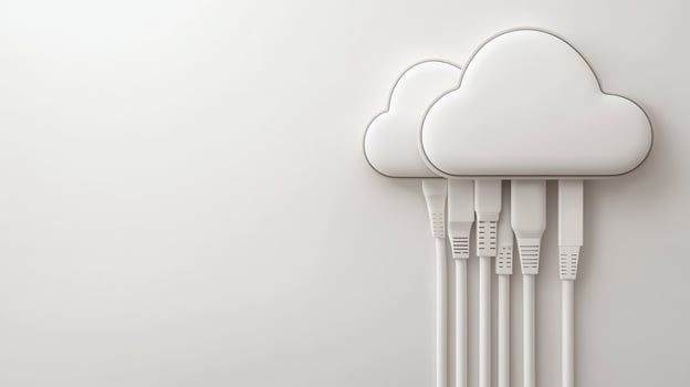 Fiber optic cables transferring data to a cloud computing icon above a laptop keyboard, symbolizing data transfer and cloud storage photo