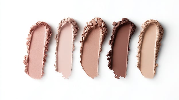 Makeup foundation and blush palettes showcasing diverse tone skin pigments arranged neatly on pristine surface photo