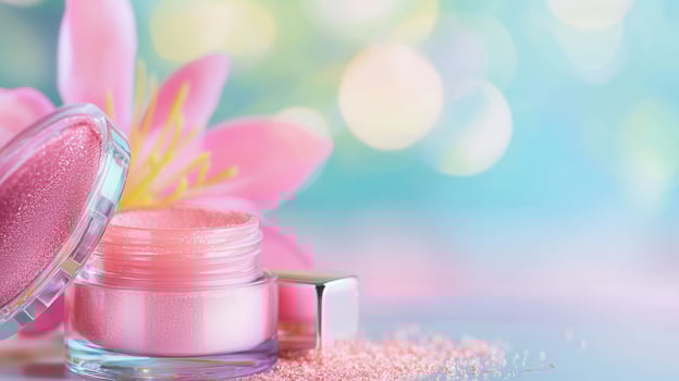 Pink cosmetic powder, blush, makeup brushes nestled among soft cherry blossoms against delicate pastel backdrop photo