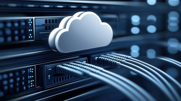 Sleek black network cables linking white cloud icon, symbolizing digital connectivity and cloud storage infrastructure photo