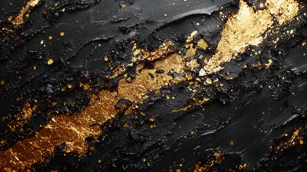 Golden paint abstract over splattering black surface, forming dynamic textured pattern with metallic sheen photo