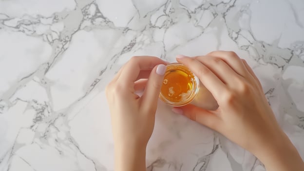 This Hands are preparing to apply a nail product in a bright setting on a marble surface. photo
