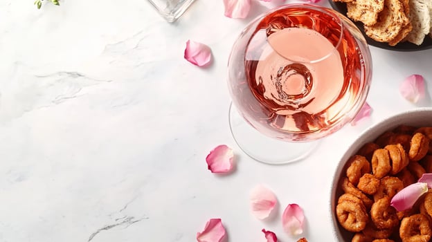 Elegant Rose Wine and Petals Flat Lay Composition photo