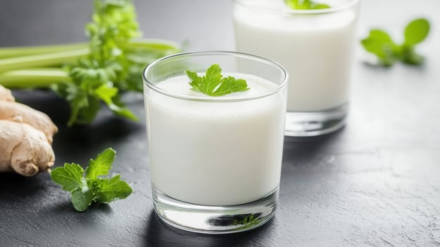 Indian buttermilk chaas featuring fresh parsley, celery, ginger, and beautifully mint, arranged against a dark background photo