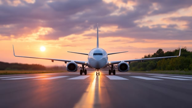 Airplane taxiing on sunlit runway surrounded by shimmering summer heat haze at sunset with dramatic colorful sky and green trees photo