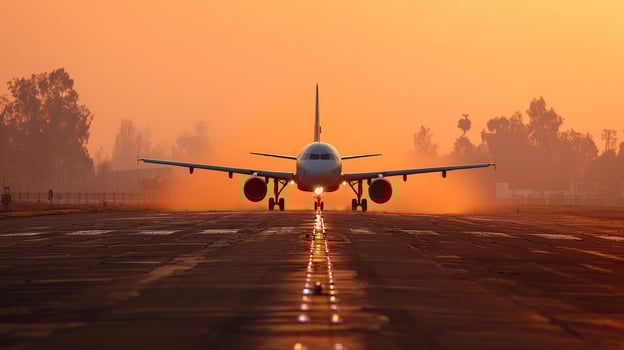 Airplane taxiing on sunlit runway surrounded by shimmering summer heat haze creating warm and dramatic atmosphere photo