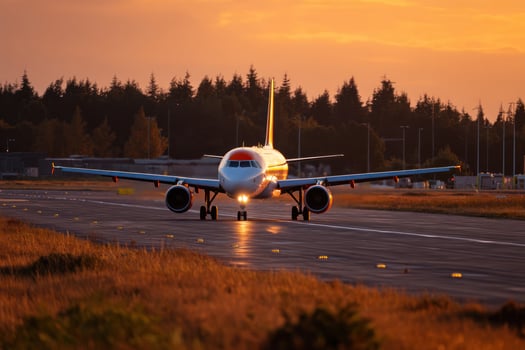 Airplane taxiing on runway at sunset with glowing golden light and forest background creating warm and peaceful atmosphere photo