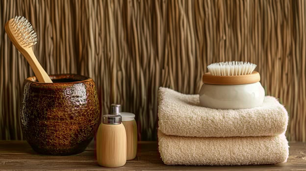 Rustic Bathroom Essentials on Wooden Table photo