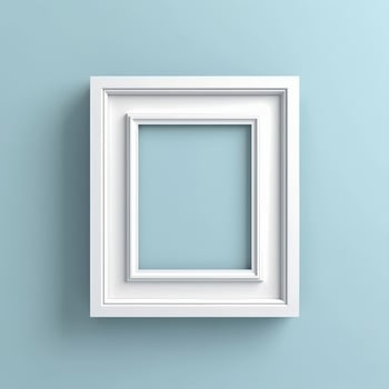 White blank picture frame, realistic vertical picture frame. Empty white picture frame, mockup template isolated on light blue background. photo