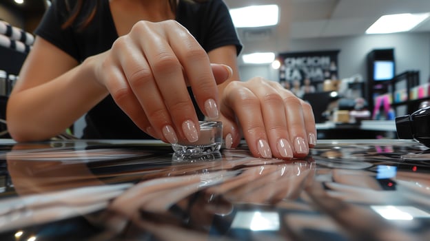 This Expert nail care in a modern salon, showcasing flawless nails and skilled techniques. photo