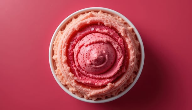 Top view of a delightful pink dessert in a white bowl. photo