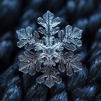 A perfectly formed snowflake with exquisite detail, resting on a dark, textured surface. photo