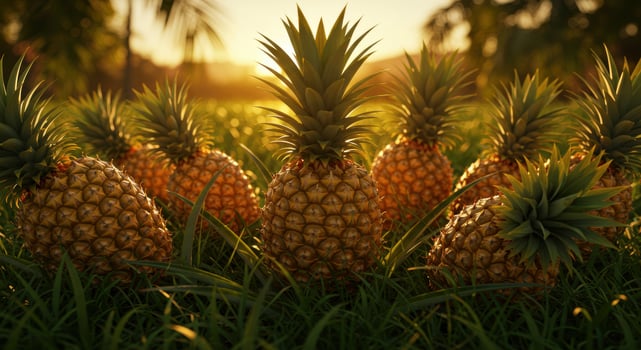 Pineapple fruits in a field during sunset. Tropical scene of fresh pineapple in green grass. Food concept with exotic fruit in a natural environment. photo