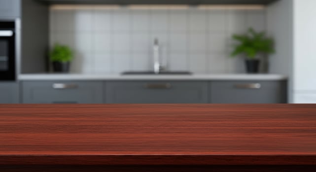 Empty dark wood tabletop with blurred kitchen in background. Counter, interior, surface, cooking, domestic, home, mock up, display, space. photo