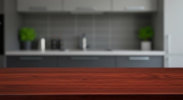 Empty dark red wooden table in focus with blurred kitchen in the background. Copy space for object placement and product display template mockup. photo