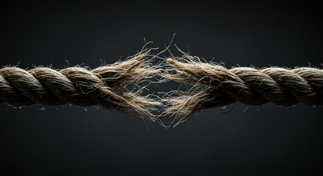 Cinematic macro shot of a dark aged hemp rope under immense stress illuminated by harsh directional lighting. The rope is violently tearing. photo