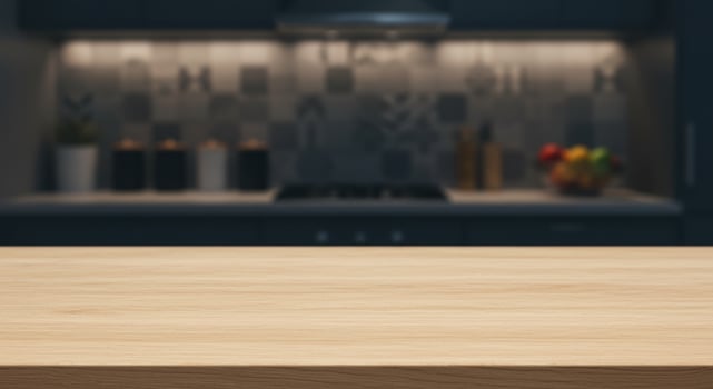 Clean, light colored wooden countertop with visible wood grain in a kitchen setting. Tile backsplash and blurred kitchenware in the background. photo