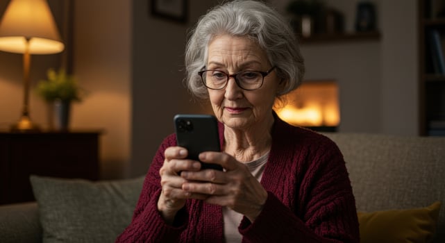 Senior woman with gray hair and glasses using a smartphone at home. Elderly female reading a mobile phone while relaxing on the sofa indoors. photo