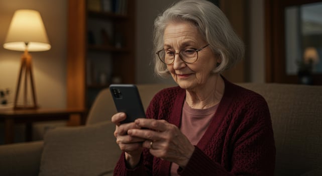 Senior woman with glasses using smartphone at home. Elderly female reading mobile phone screen indoors. Mature lady browsing internet on cellphone. photo