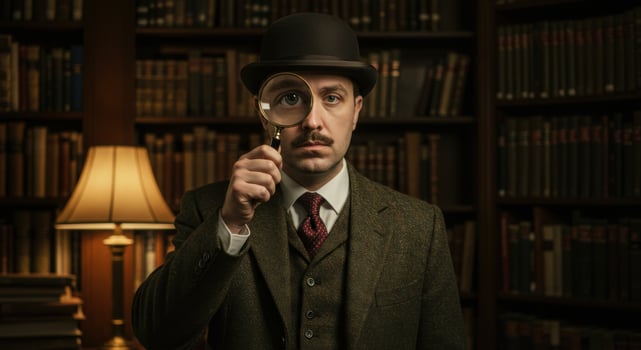 Man in tweed suit and bowler hat stands in wood paneled library holding magnifying glass to eye, inspecting or searching, with books in background. photo