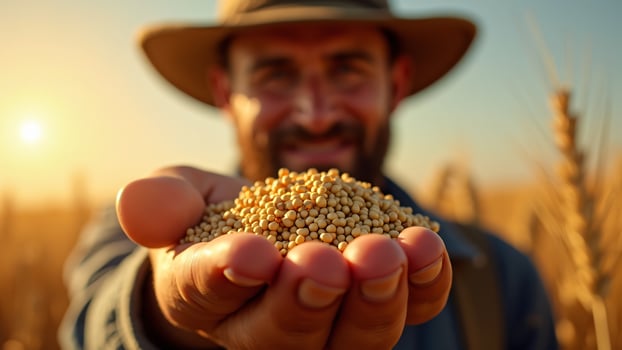Man Holding Soybean Seeds in Hand, Agricultural Field photo