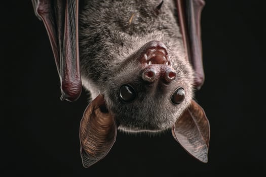 An upside-down bat with large ears and a textured gray-brown fur is hanging, mouth open, and showing small teeth. Its wings are partially visible against a smooth, dark backdrop photo