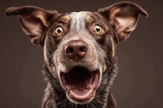 Surprised dog with brown and white fur, ears perked up, wide eyes, and open mouth. The dog's facial expression is animated, capturing attention and curiosity with expressive features photo