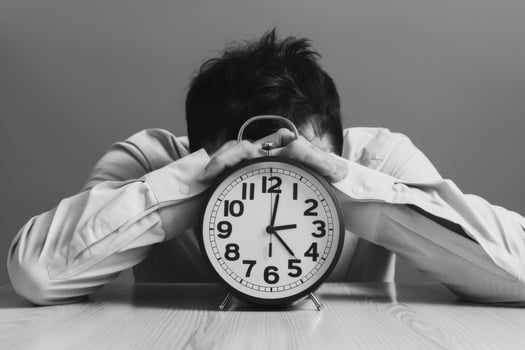 Stressed man holding a large clock over his head depicting time pressure photo
