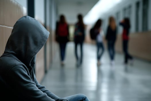 A person sitting in a hallway with a hoodie on photo