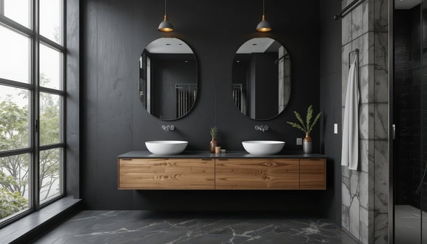 Modern Bathroom With Dual Sinks and Elegant Design Featuring Dark Walls and Marble Accents photo