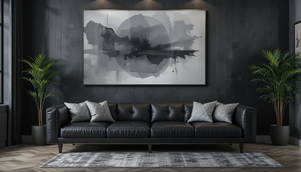 Stylish Modern Living Room With Black Leather Sofa and Abstract Wall Art in Contemporary Interior Design photo