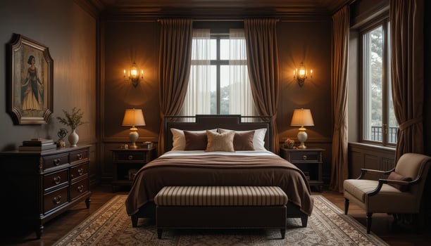 Elegant Bedroom Interior With Warm Tones, Vintage Decor, and Soft Lighting in a Cozy Retreat Setting photo