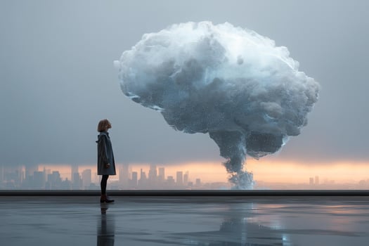 A woman standing in front of a cloud with a city in the background photo