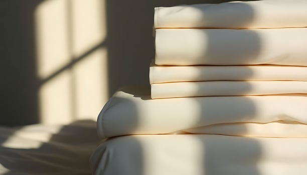 stack of white sheets sitting on top of a bed photo