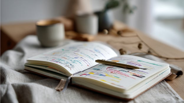 A colorful journal with a pen resting on top open to a page filled with positive affirmations illustrating the practice of selfreflection and gratitude in mental health photo