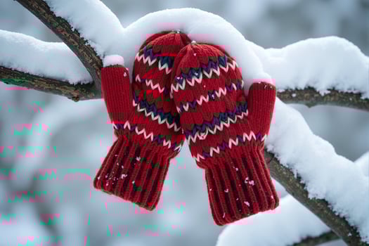 Red mittens on a tree branch in the snow photo