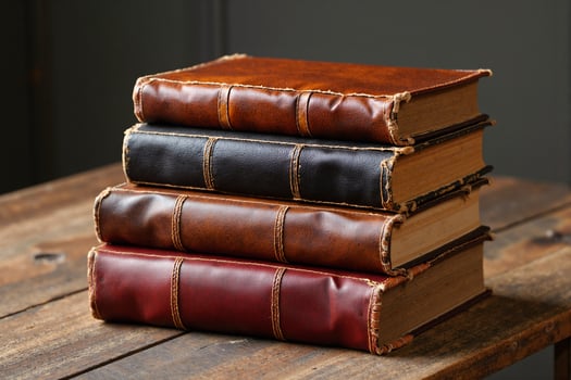 A stack of four leather books on a wooden table photo